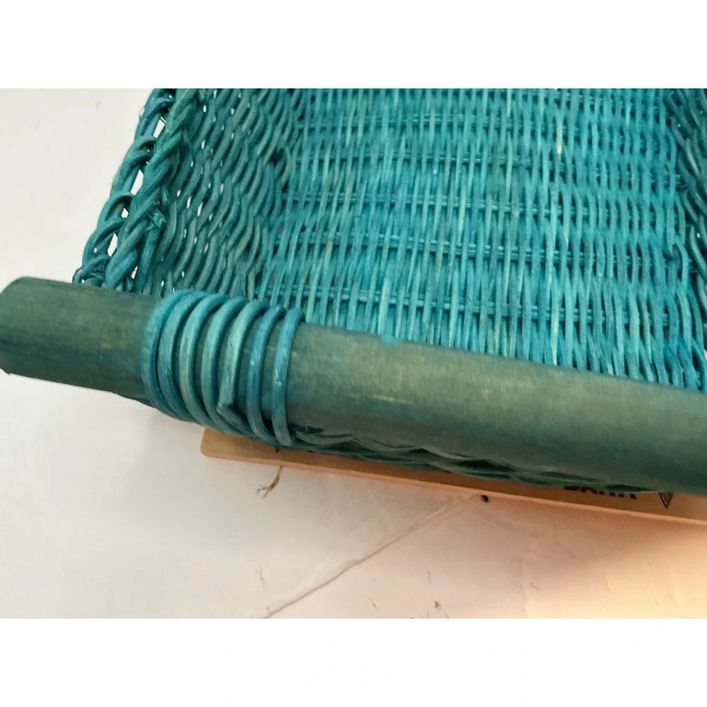 Vintage Wicker Basket Teal‎ Woven Wood Handles 11x8 Cottagecore